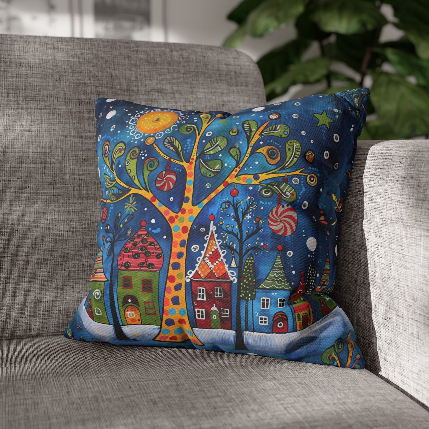 Winter Village Abstract Folk Art Christmas Scene Spun Polyester Square Pillowcase 4 Sizes