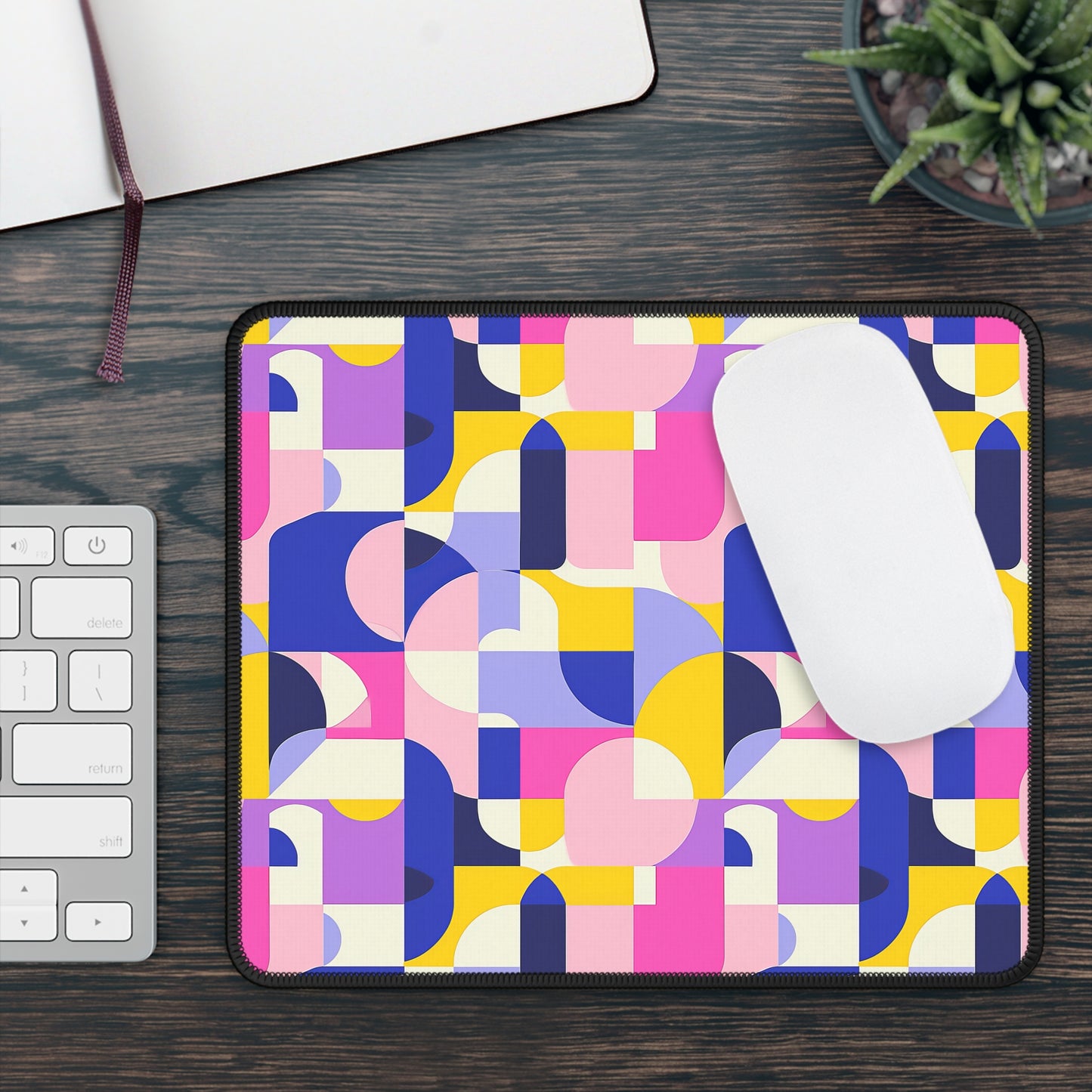 Vibrant Pink, Blue Yellow Color Block Geometric Shapes Gaming Mouse Pad with Finished Edges