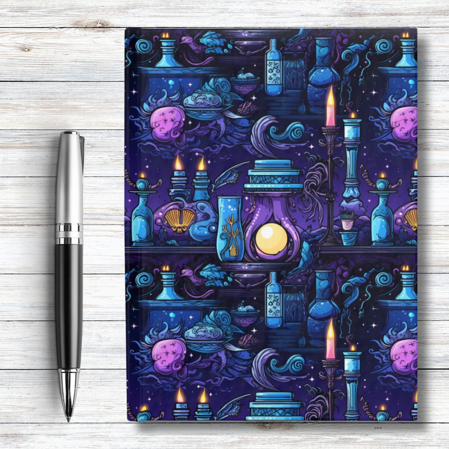 Mystical Brews and Enchantments: Purple and Blue Glowing Candles Set the Scene - Hardcover Ruled Line Journal 5" x 7"