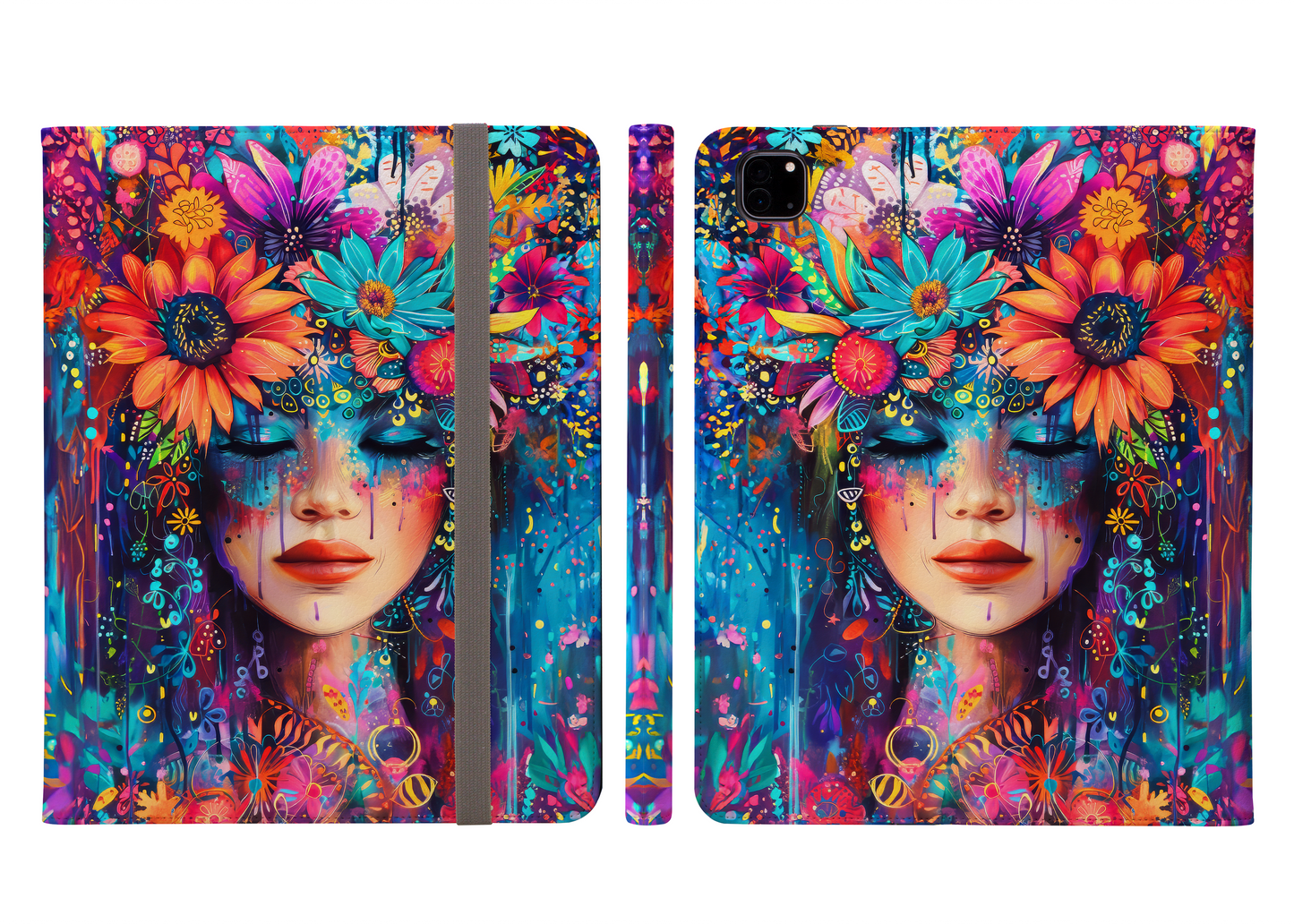 Electric Boho: Neon Flower Girl in Vibrant Hues Protective iPad Pro 11 & Pro 12.9 Protective Case and Pencil Holder