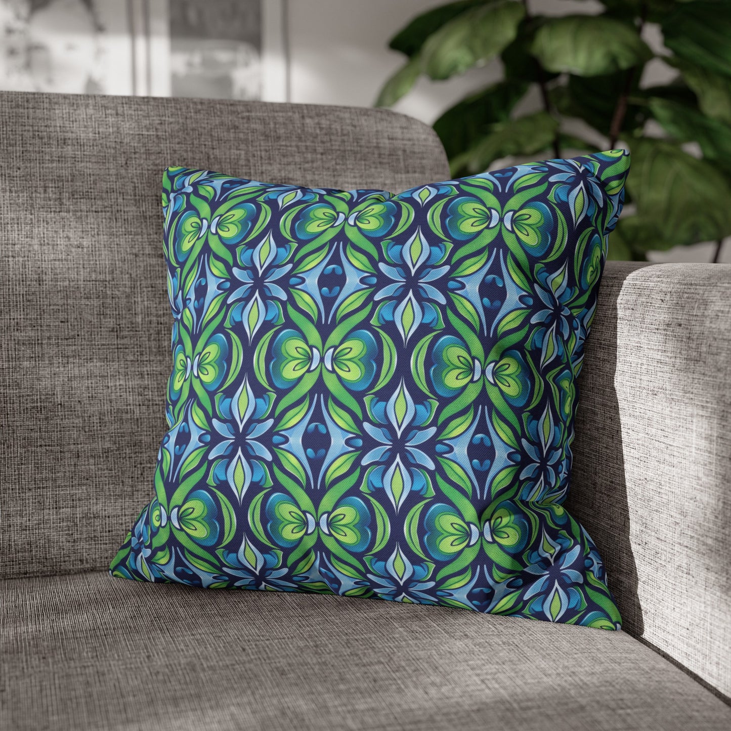 Retro Abstract Blue and Green Floral Pattern Spun Polyester Square Pillowcase 4 Sizes