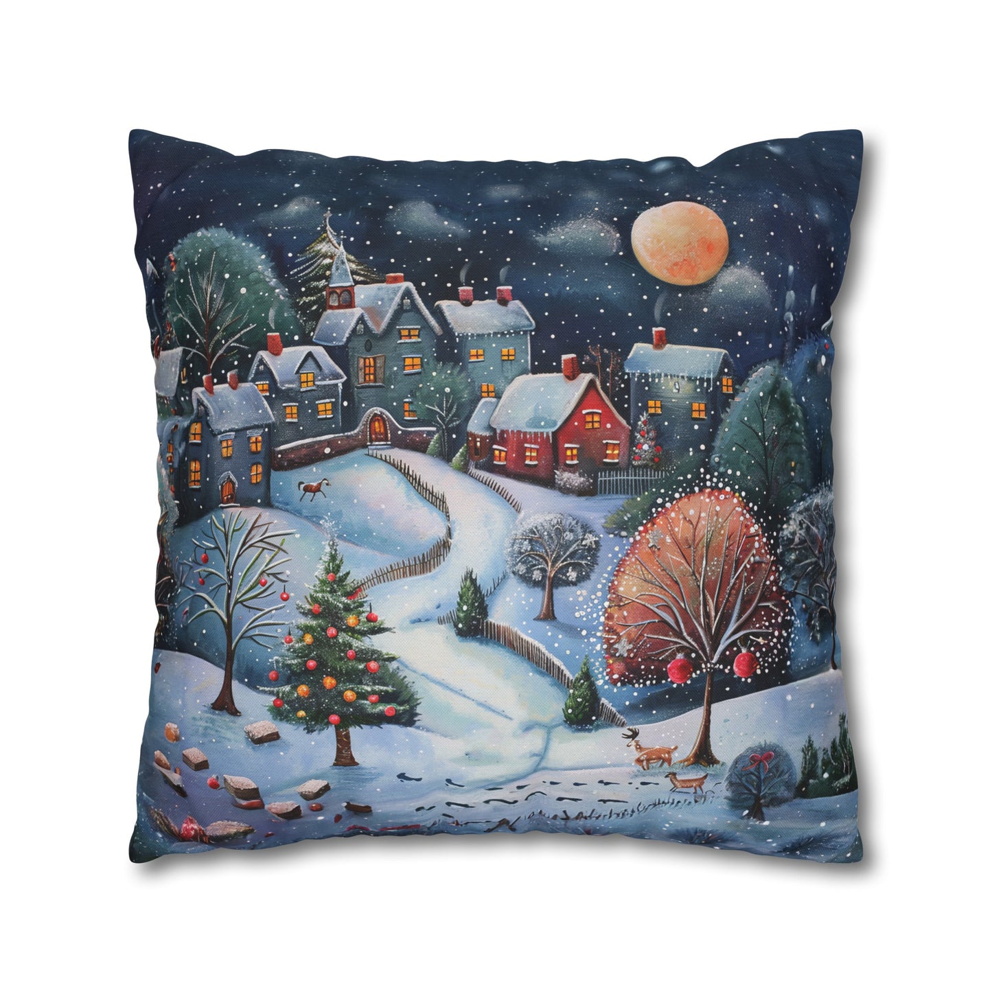 Snowy Serenade: Town at Winter Night with Reindeer Amidst the Snow  Spun Polyester Square Pillowcase 4 Sizes