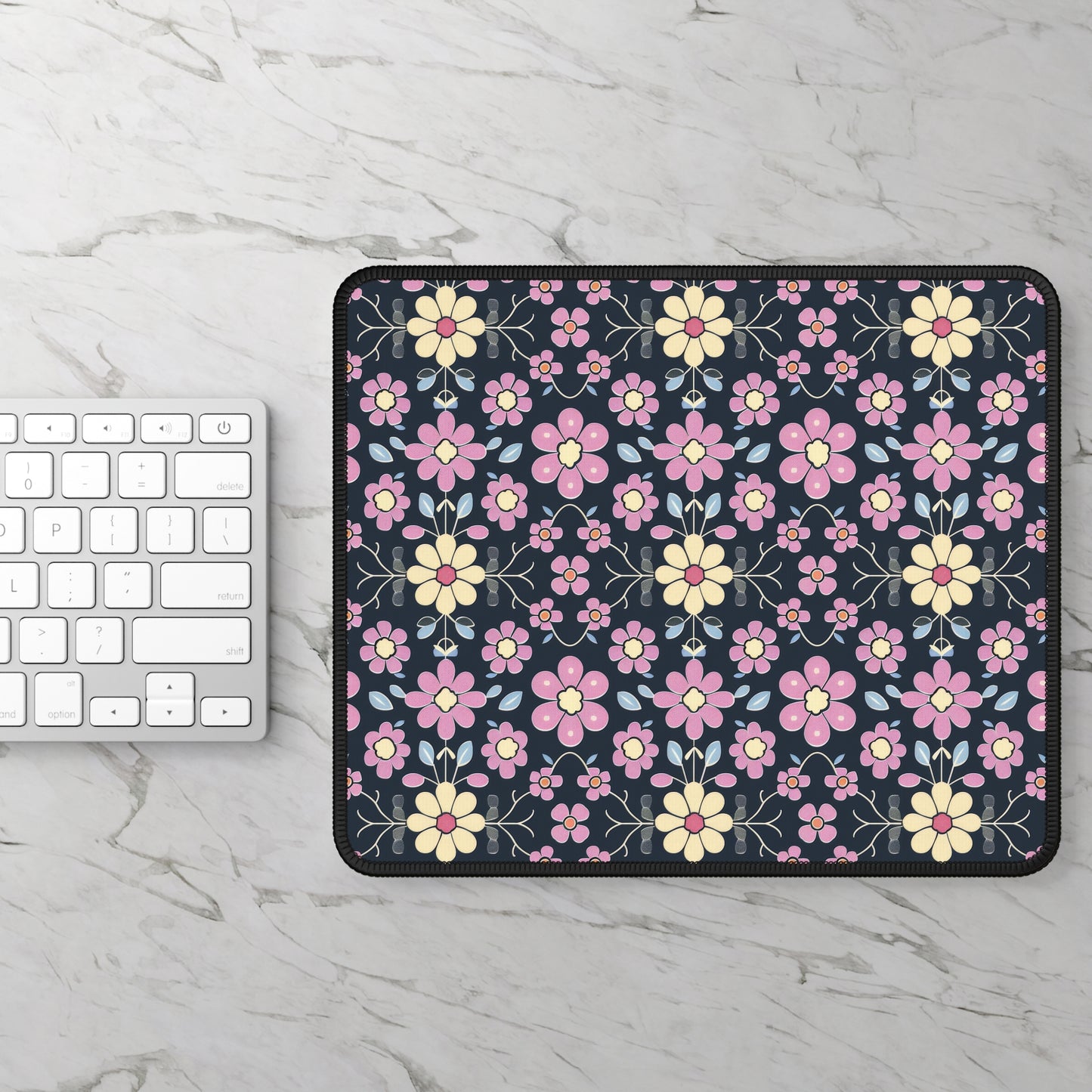 Charming Pastel Pink and Yellow Flowers on Navy Blue Background Gaming Mouse Pad with Finished Edges