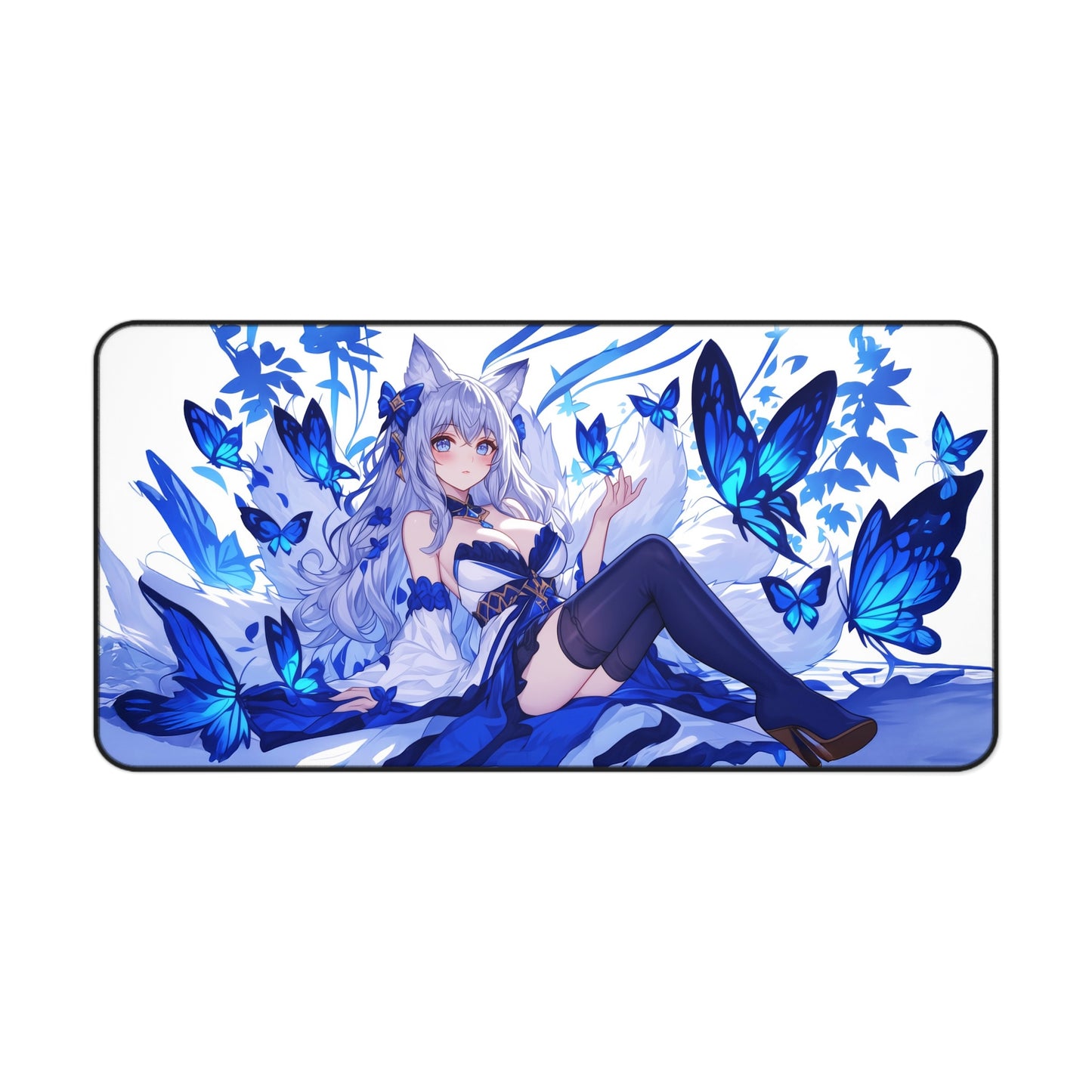 Anime Kitsune Fox Girl Mousepad, Blue Butterflies Anime Desk Mat, Extra Large Mousepad, Gaming Desk Mat, Desktop Accessory