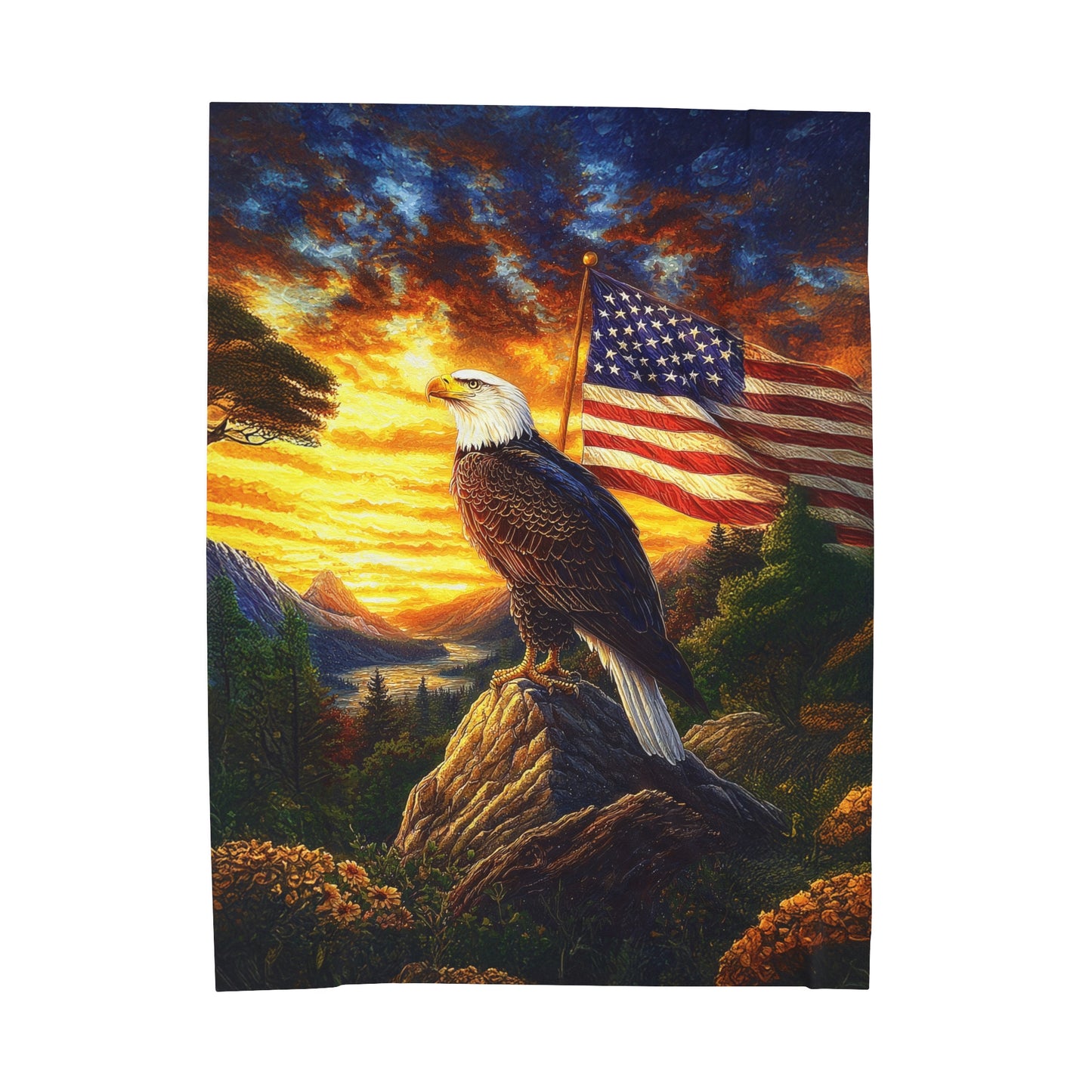 Majestic Bald Eagle with American Flag at Golden Sunset Velveteen Plush Blanket 3 Sizes