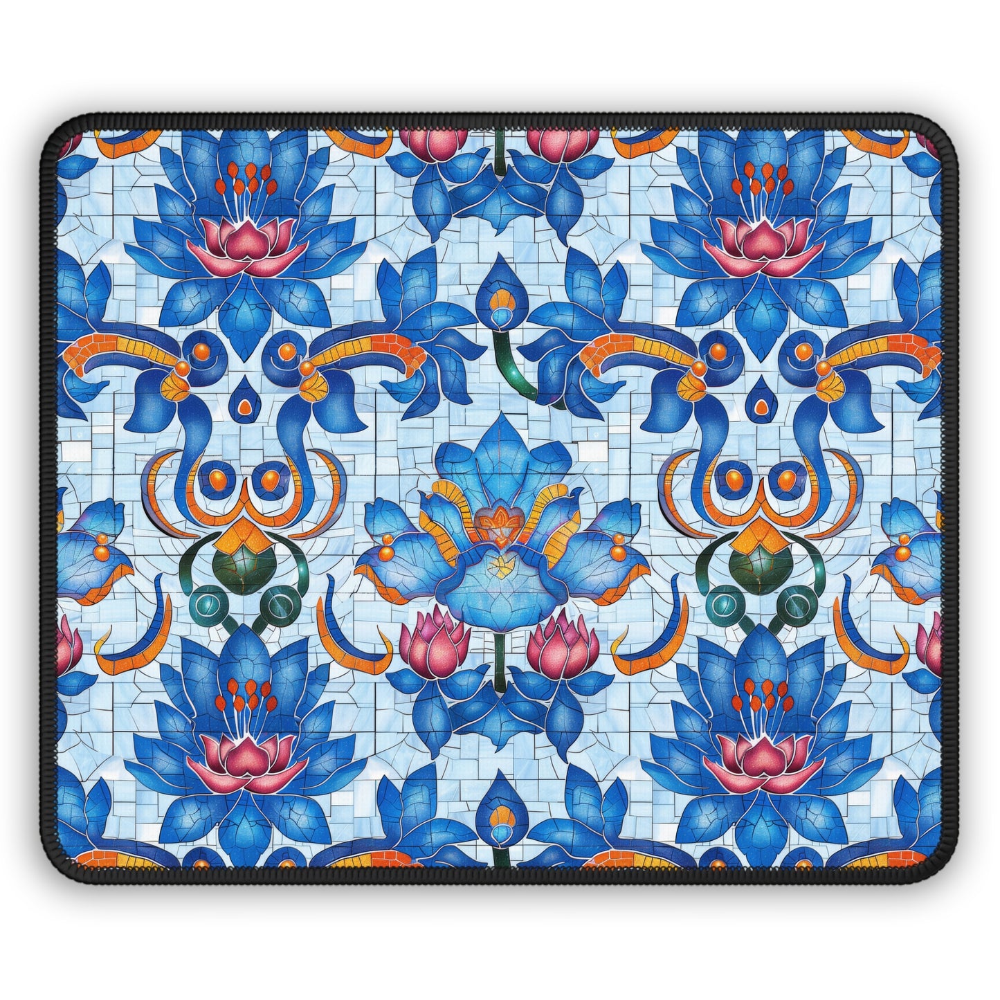 Majestic Mosaic Blossoms Vibrant Blue and Pink Floral Tile Design Mouse Pad with Finished Edges