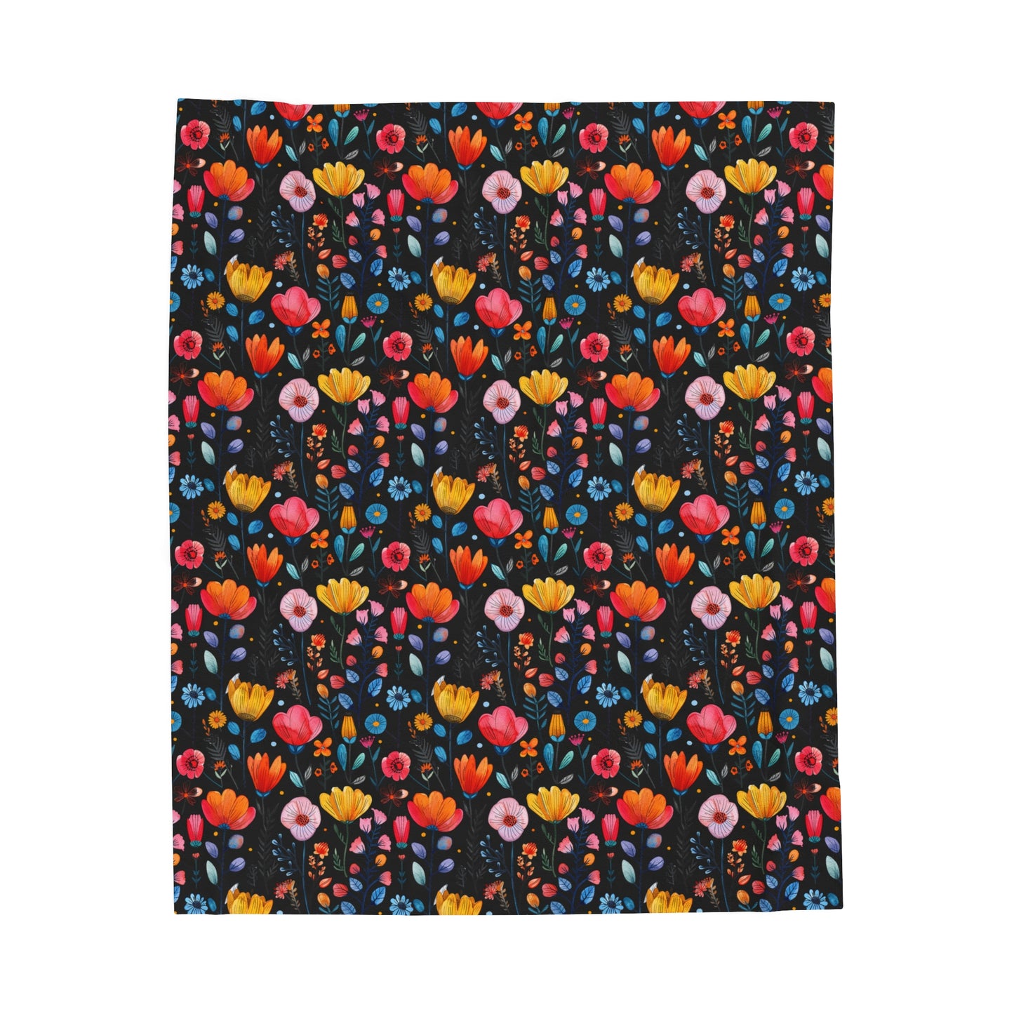 Vibrant Spring Blooms in a Kaleidoscope of Colors on Black Velveteen Plush Blanket 3 Sizes