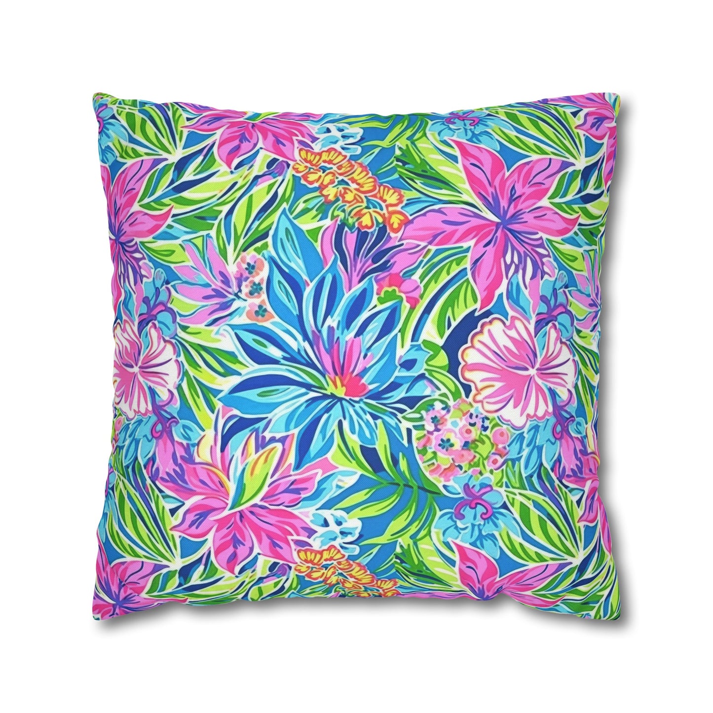 Summer Harmony: Pink and Blue Blooms with Lush Green Leaves Spun Polyester Square Pillowcase 4 Sizes