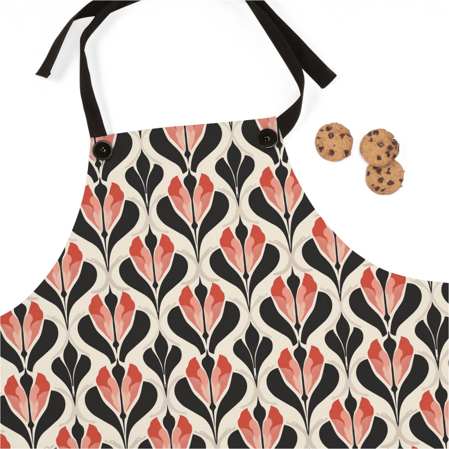 Art Deco Elegance Red Floral Motif on Cream Kitchen Chef Apron