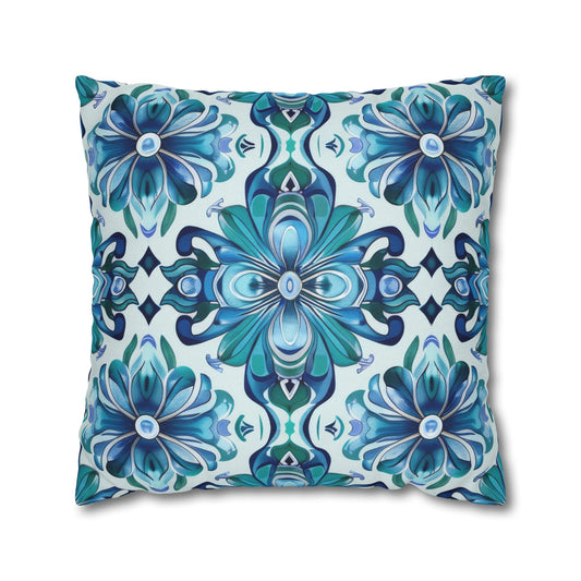 Majestic Florals in A Lush Array of Teal and Blue Blossoms Spun Polyester Square Pillowcase 4 Sizes