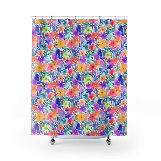 Radiant Watercolor Blooms: Bright and Vivid Floral  Design Bathroom Shower Curtain   71" × 74"