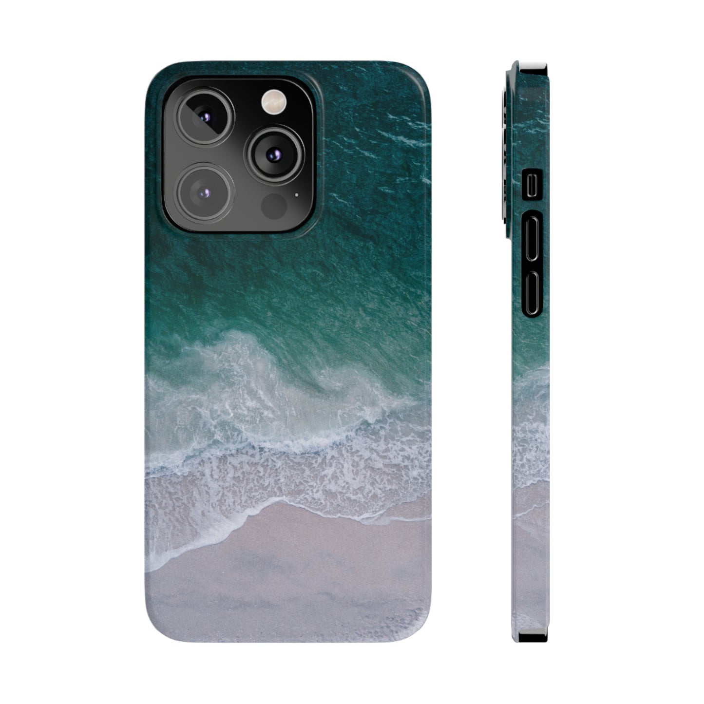 Ocean's Embrace: Deep Green Waters with White Waves Crashing onto the Beach Design Iphone 15-12 Slim Phone Case