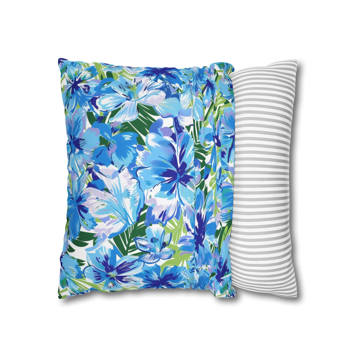 Azure Bloom Oasis: Bright Blue Large Flowers with Lush Green Palm Leaves Spun Polyester Square Pillowcase 4 Sizes