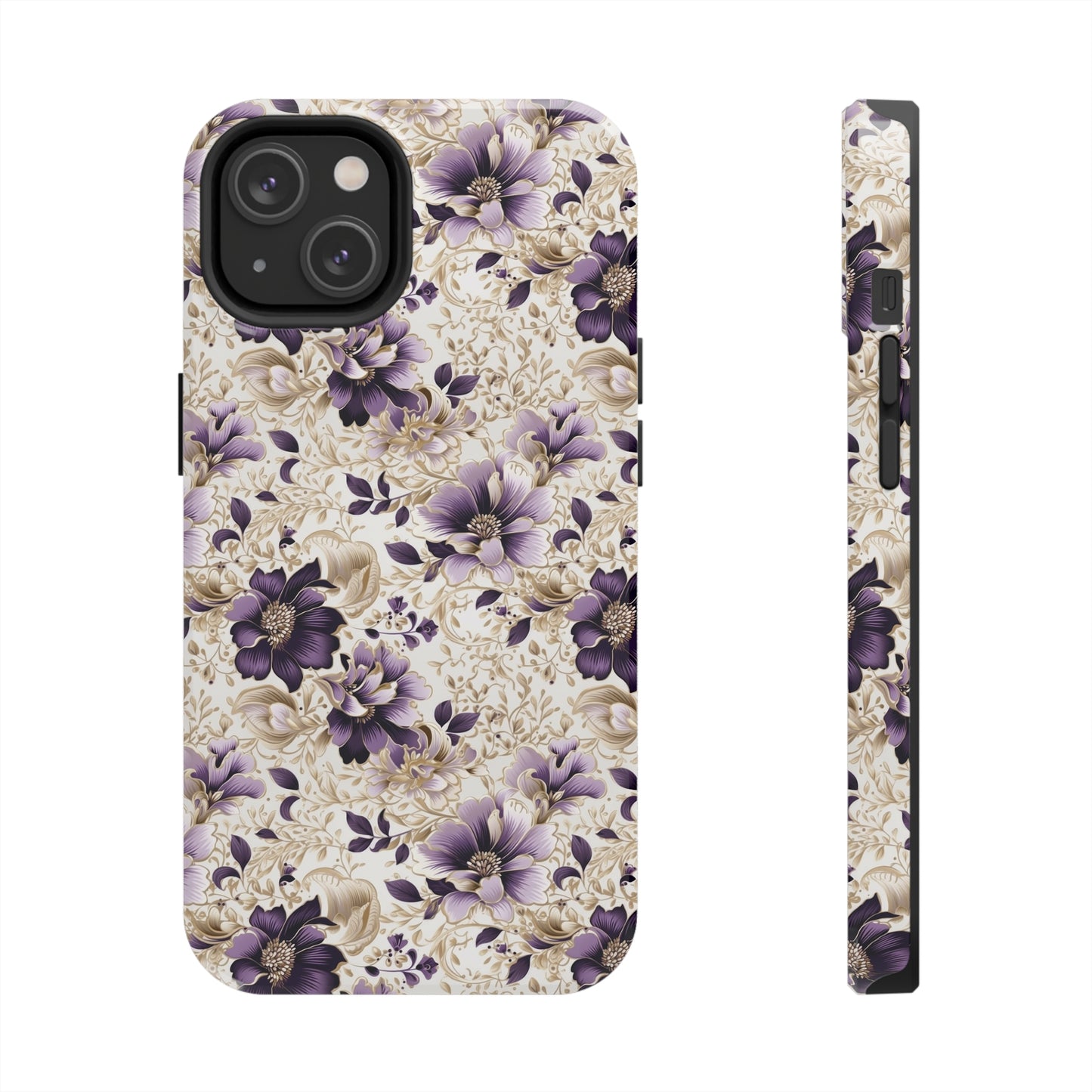 Purple Majesty: Watercolor Floral Design with Gold Foliage Accents Iphone Tough Phone Case