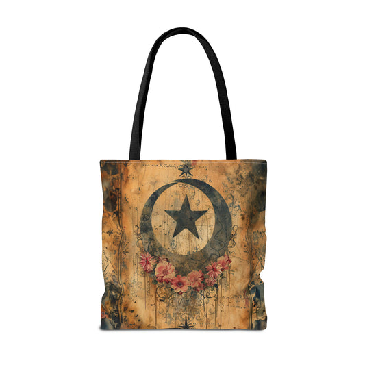 Mystical Vintage Celestial Moon Stars and Flowers Canvas Tote Bag - 3 Sizes