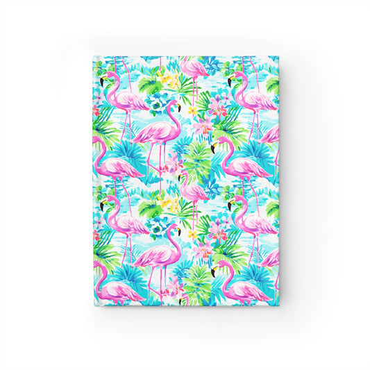 Tropical Flamingo Haven: Surrounded by Flowers and Palm Trees Hardcover Ruled Line Journal