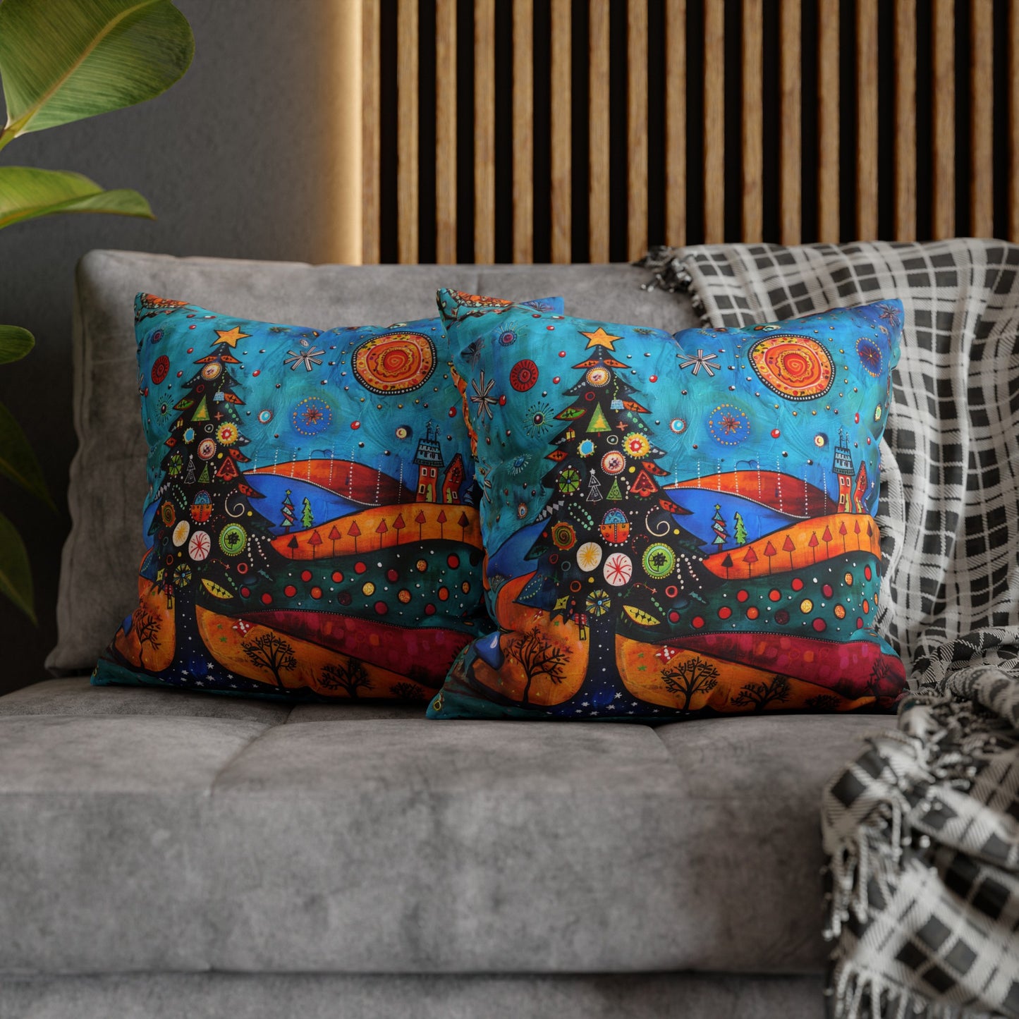 Folk Art Christmas Tree Nestled Amidst Rolling Hills Spun Polyester Square Pillowcase 4 Sizes