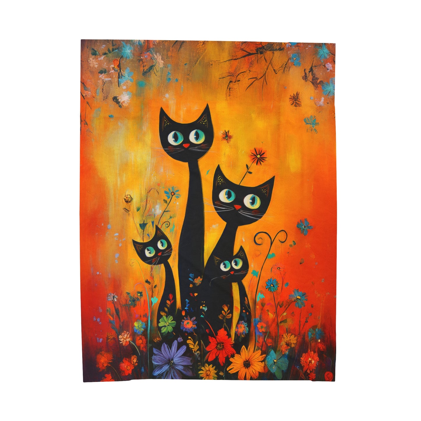 Playful Trio of Black Cats in a Vibrant Flower Garden Velveteen Plush Blanket 3 Sizes