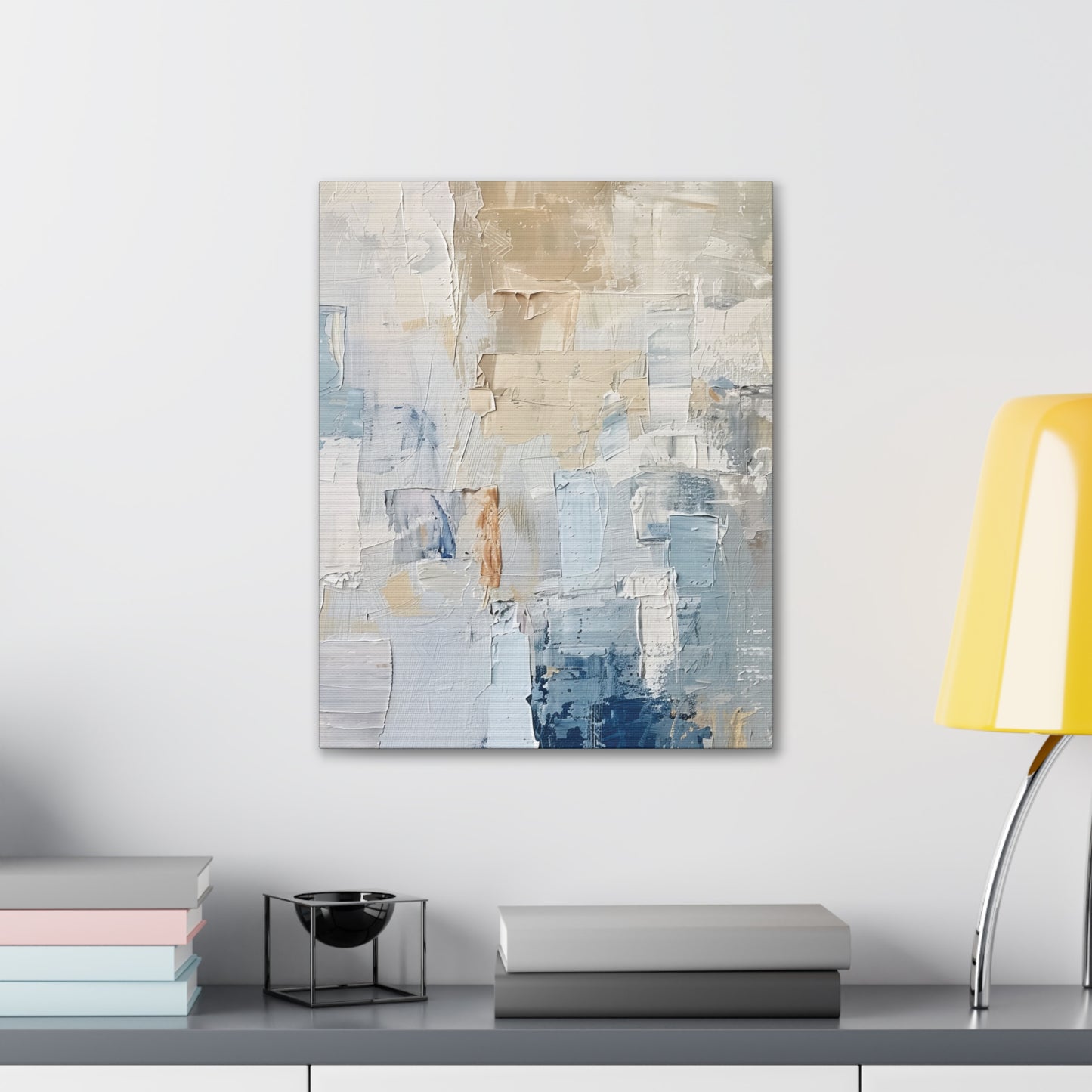 Bold Contrasts Abstract Tan, Grey and Blue Color Blocking with Heavy Strokes Print on Canvas Gallery - 13 Sizes