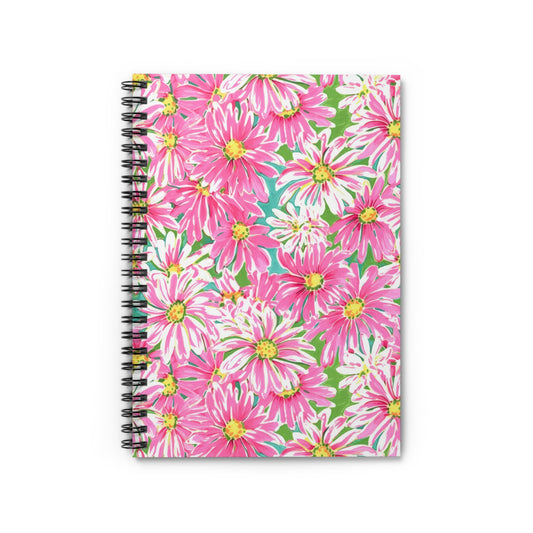 Spring's Whisper: Watercolor Pink Daisies Dancing on a Lush Green Stage Spiral Ruled Line Notebook