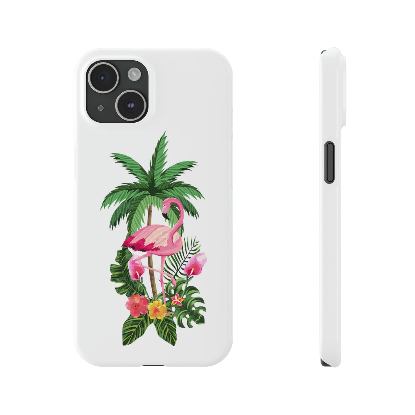 Tropical Pink Flamingo and Flowers White Background Iphone 15-12 Slim Phone Case