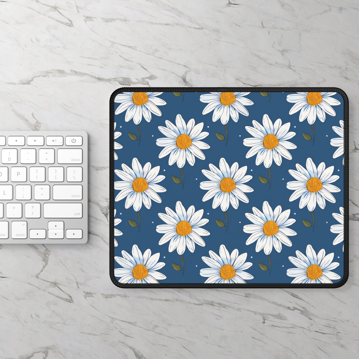 Elegant White Daisies on Navy Blue Background Gaming Mouse Pad with Finished Edges