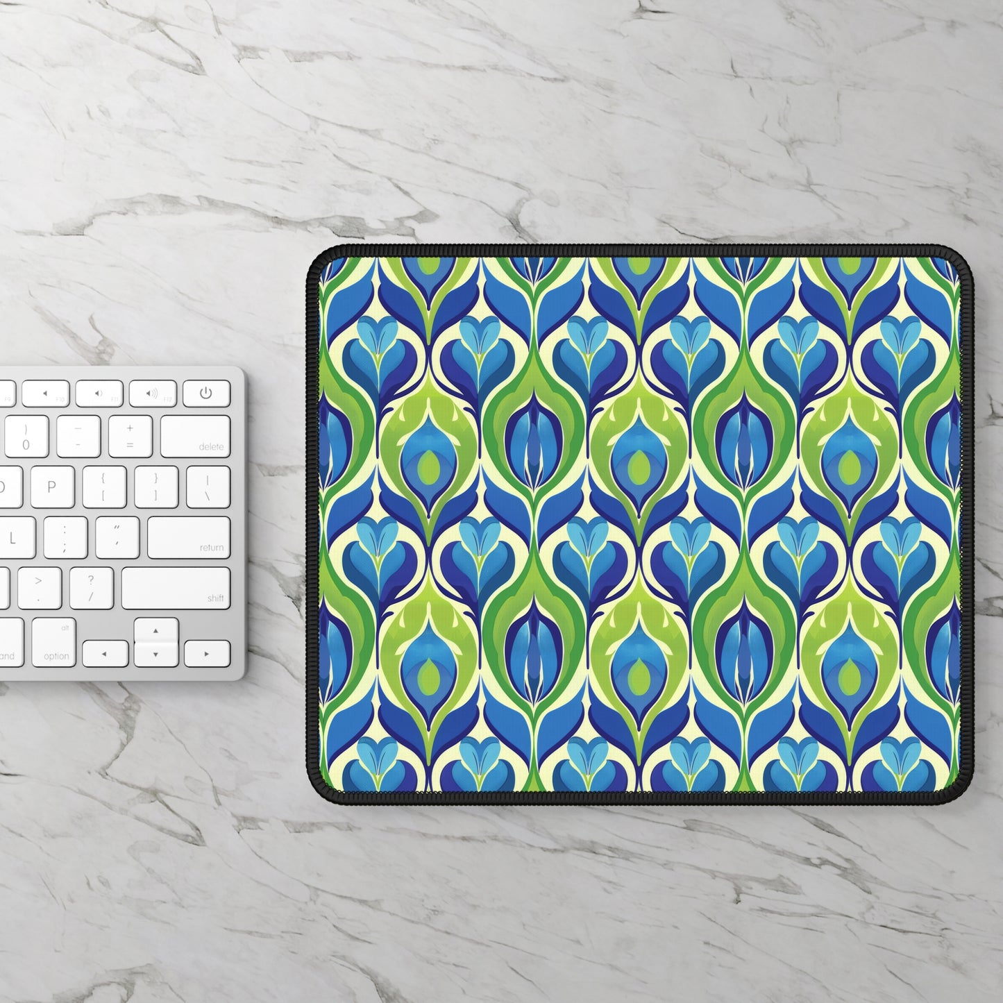 Retro Vibrant Peacock Blue and Green Floral Design Gaming Mouse Pad with Finished Edges