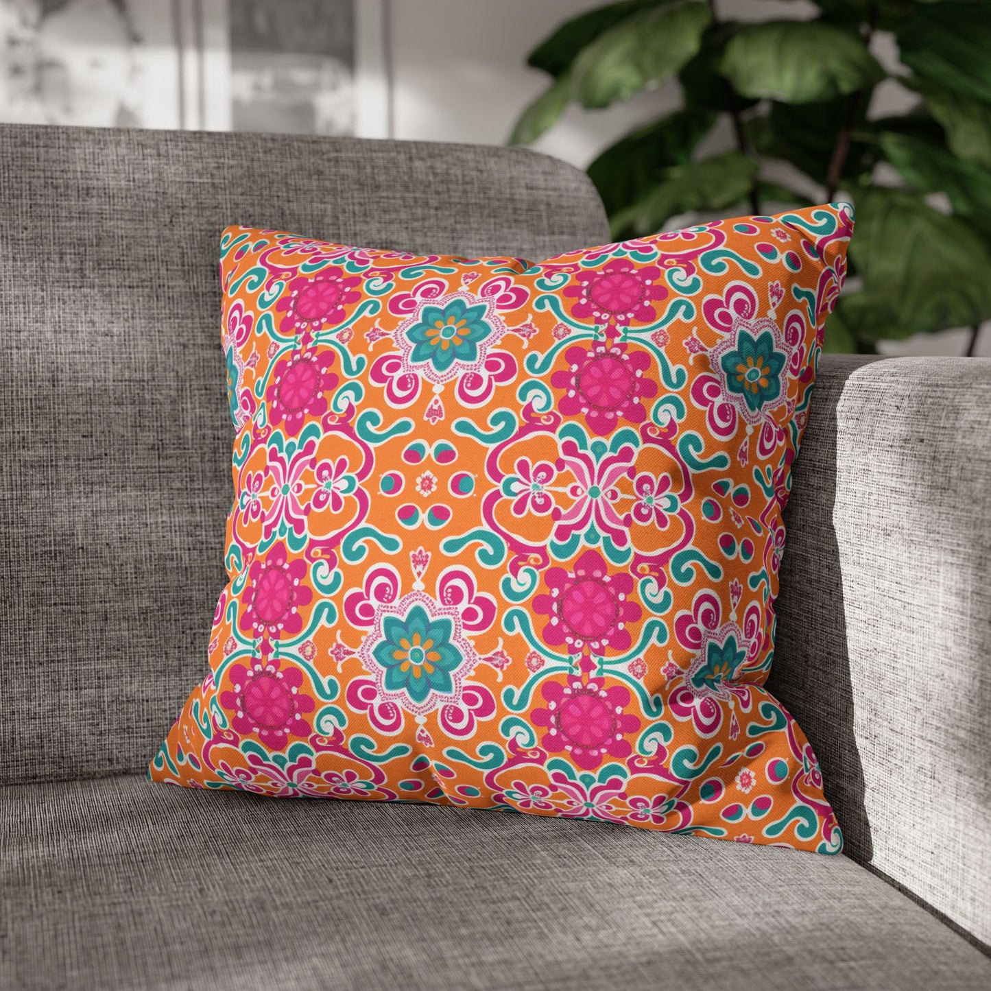 Kaleidoscope of Warm Tangerine, Lush Teal, and Lively Pink Blooms Polyester Square Pillowcase 4 Sizes