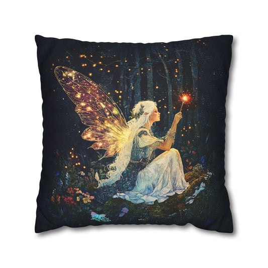 Ethereal Fairy with Glowing Wings Amidst Enchanted Forest Spun Polyester Square Pillowcase 4 Sizes