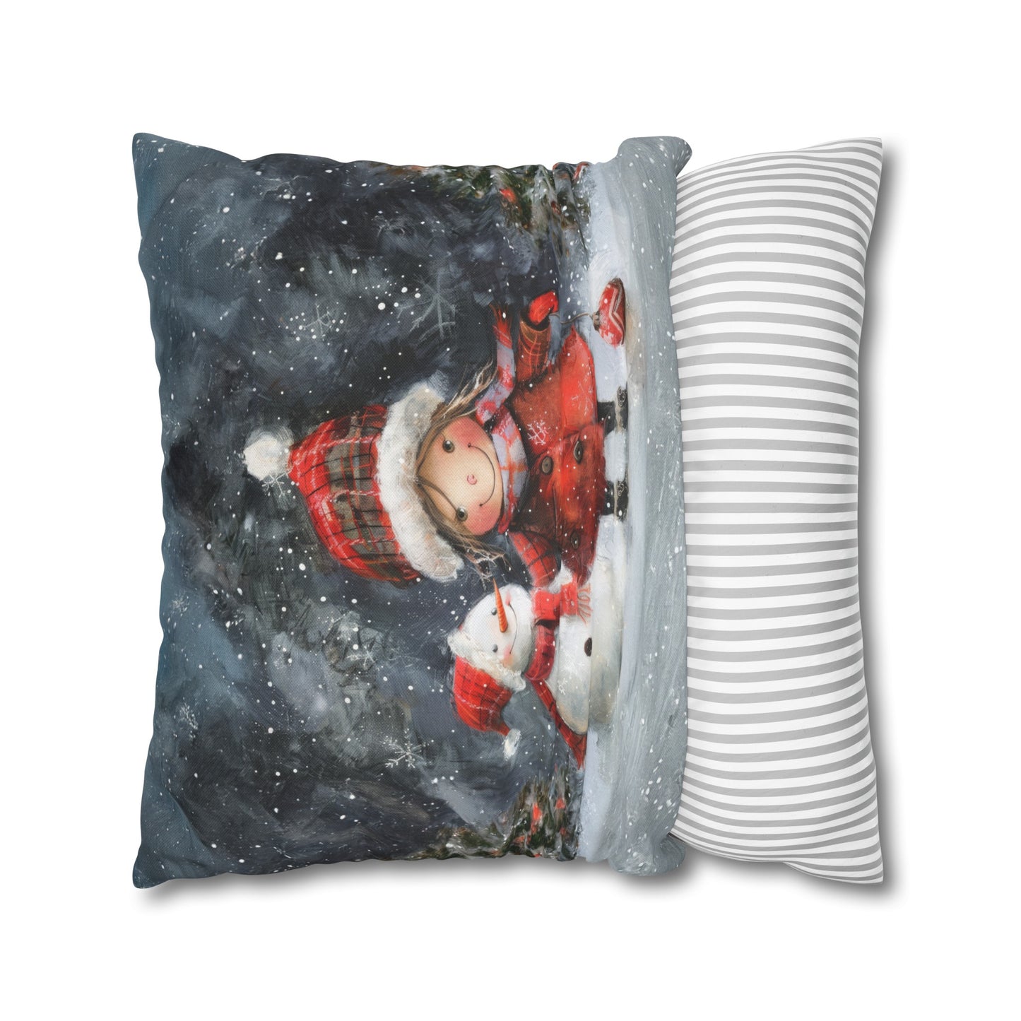 Frosty Friends: Little Girl Standing with Snowman on a Snowy Night Spun Polyester Square Pillowcase 4 Sizes