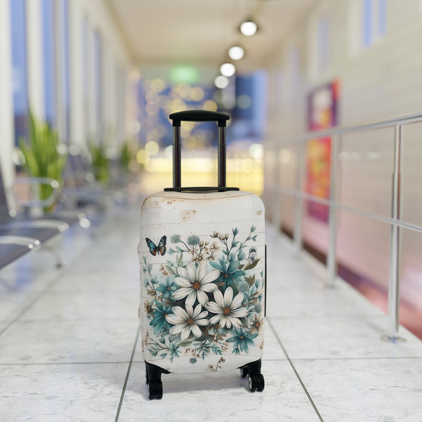 Rustic Charm Bouquet featuring Teal Accents White Wild Daisies with Butterflies  Luggage Protector and Cover 3 Sizes