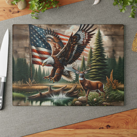 American Flag Bald Eagle Deer Camo Hunting Season Glass Cutting Board, Charcuterie Serving Tray 2 Sizes