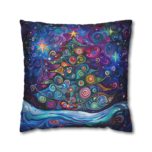 Christmas Tree in Magical Purple Hues, Sparkling Amidst Vibrant Stars Spun Polyester Square Pillowcase 4 Sizes