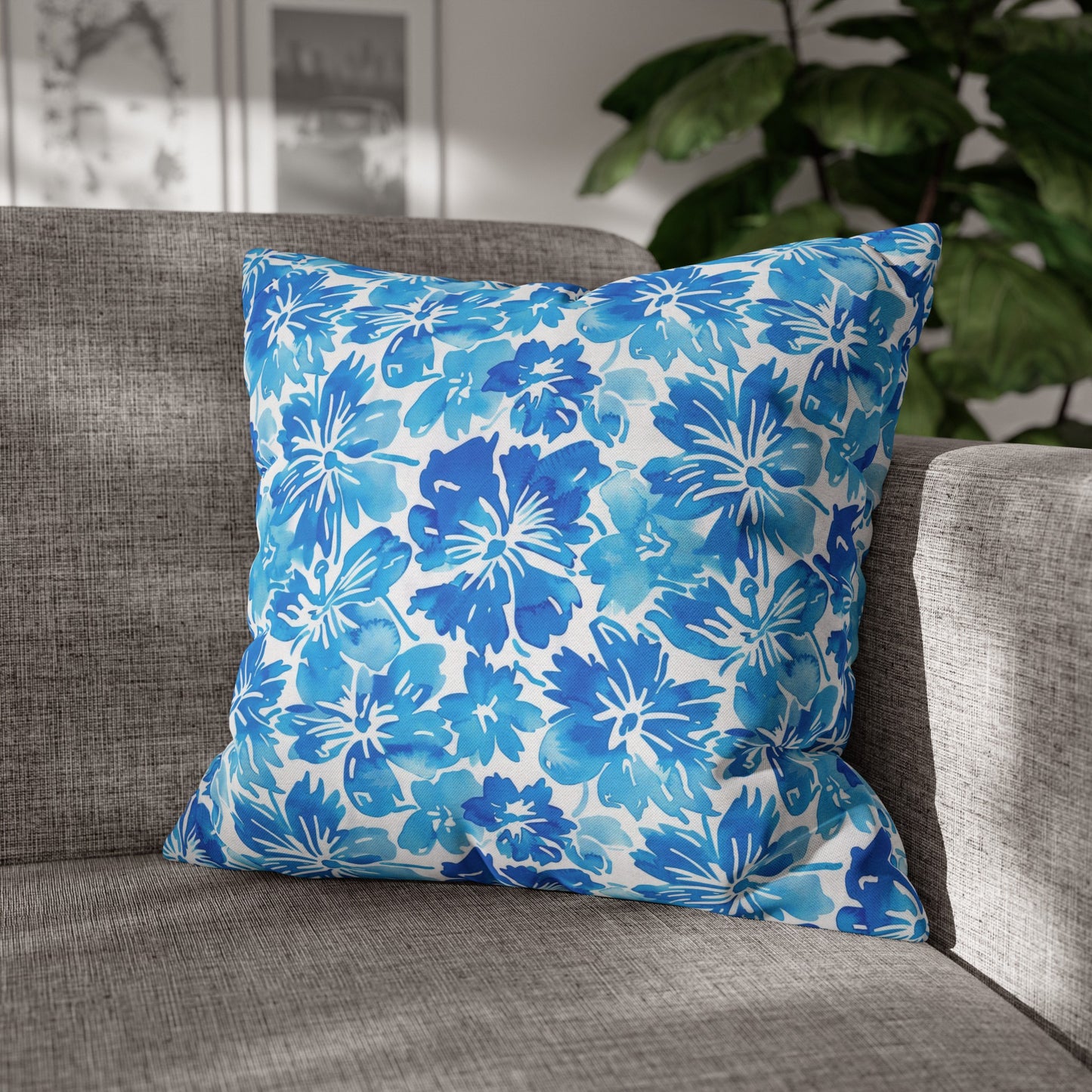 Tranquil Tropics: Soft Blue Tropical Flowers Spun Polyester Square Pillowcase 4 Sizes