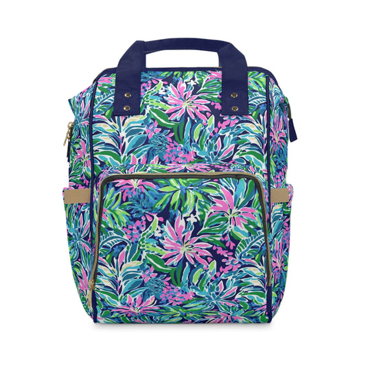 Seaside Blossoms: Coastal Spring Flowers in Pink, Green, and Navy Watercolors Multifunctional Diaper Backpack