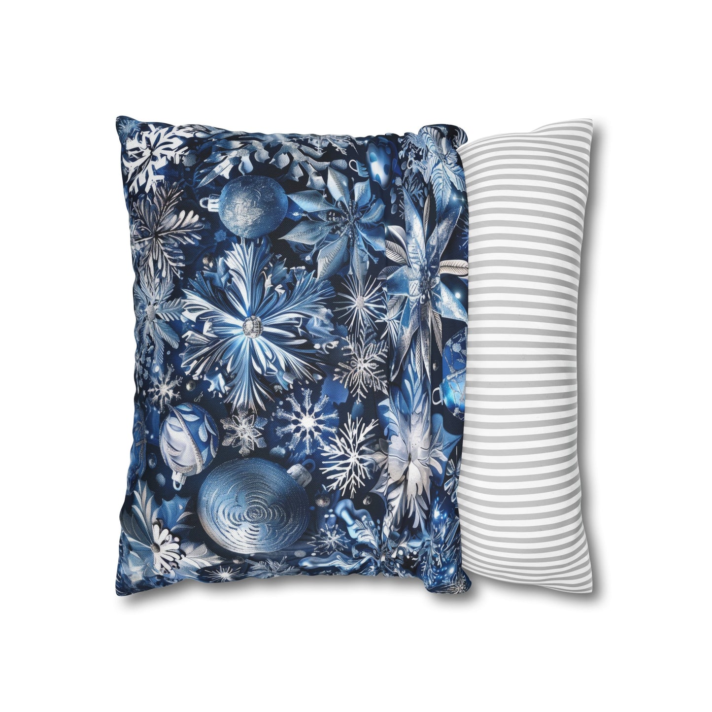 Winter Wonderland Festive Blue and Silver Snowflakes and Ornaments Spun Polyester Square Pillowcase 4 Sizes