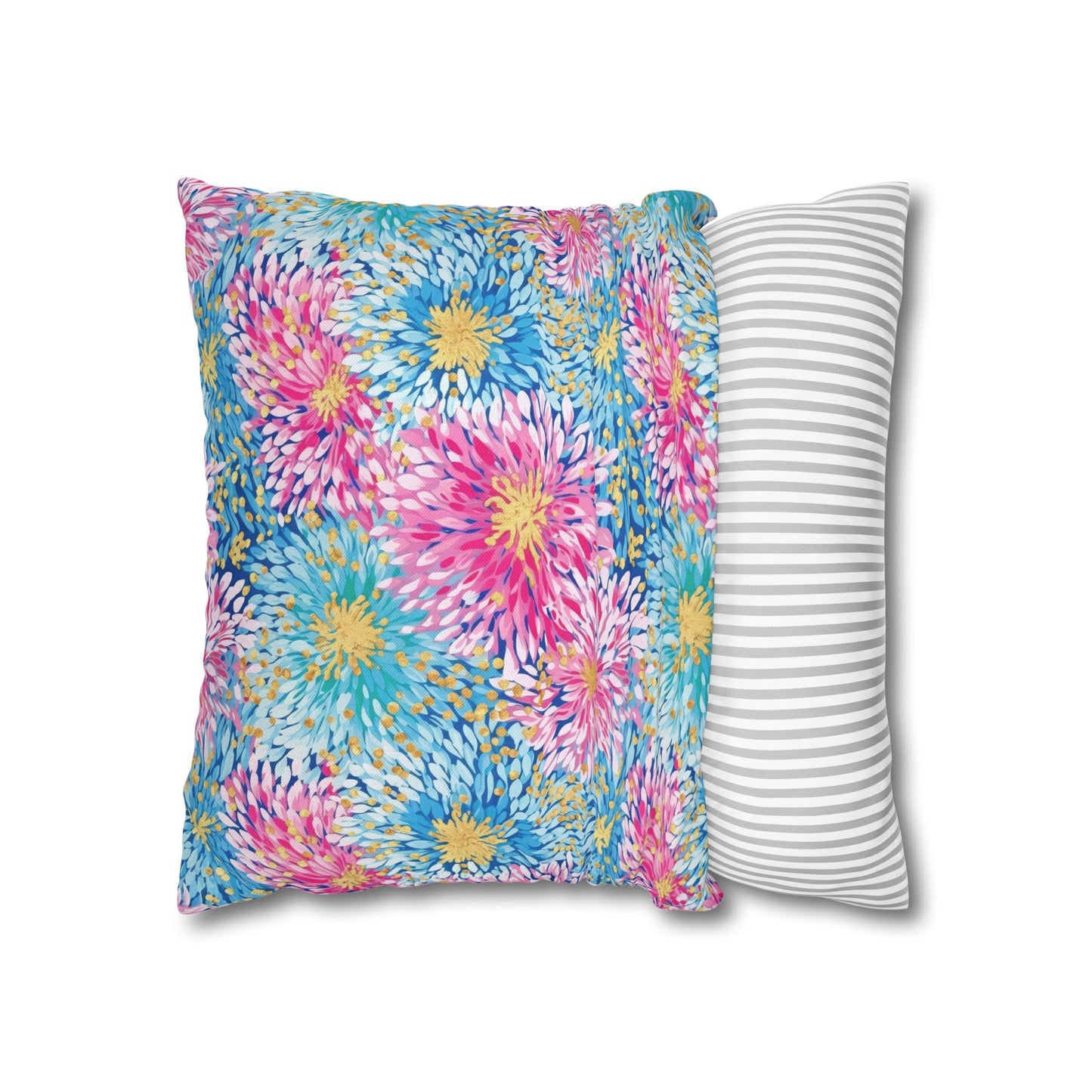 Pastel Harmony: Watercolor Chrysanthemums in Pink, Blue, and Yellow Spun Polyester Square Pillowcase 4 Sizes