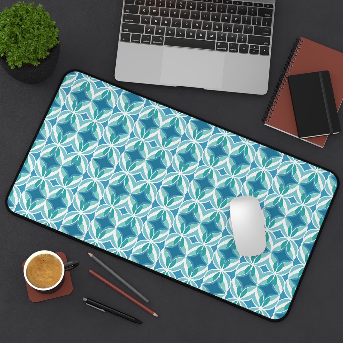 Retro Abstract Blue, Teal, and Aqua Pattern Extended Gaming Mouse Pad  Desk Mat  - 3 Sizes