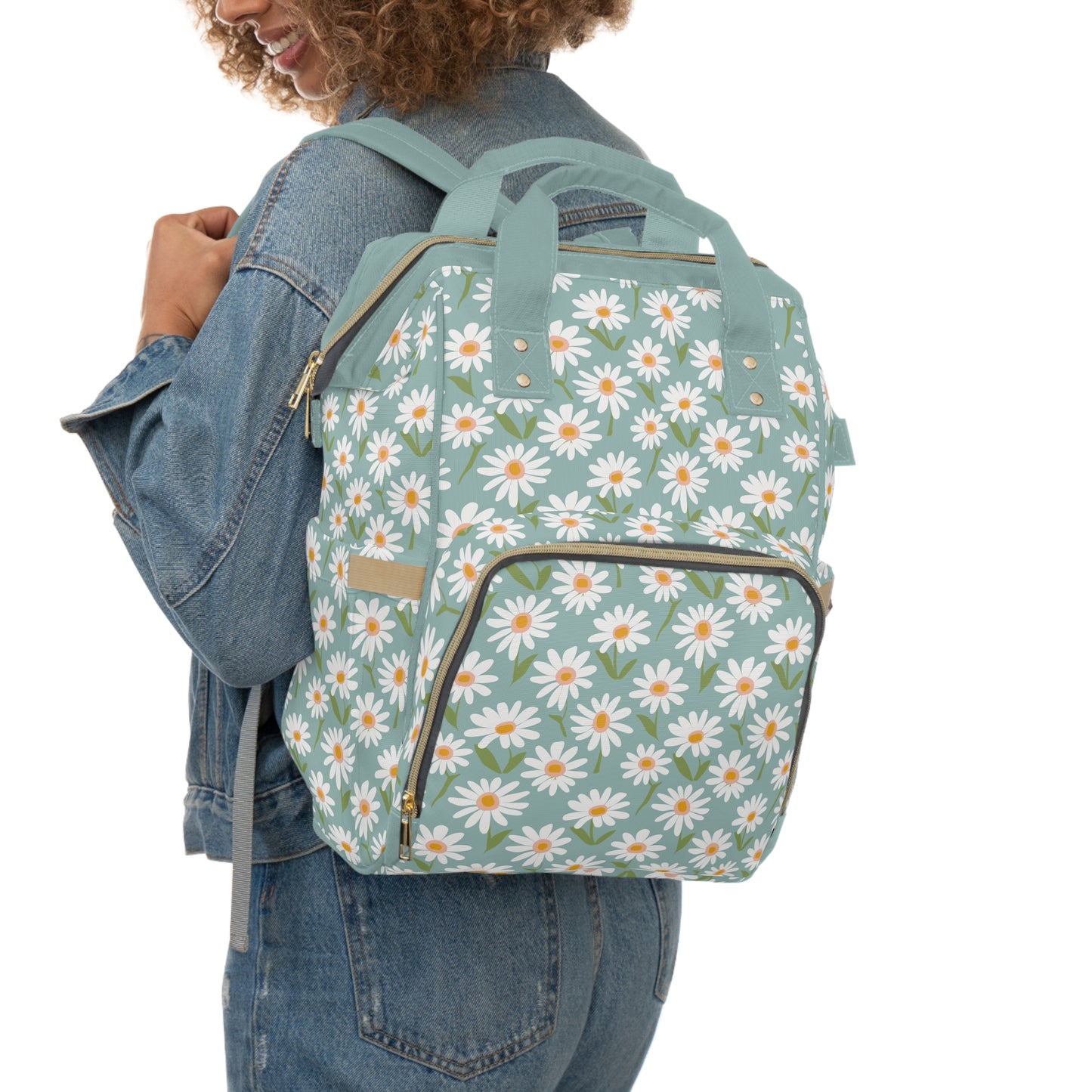 Cheerful Bright Daisy on Pastel Green Design Multifunctional Diaper Backpack