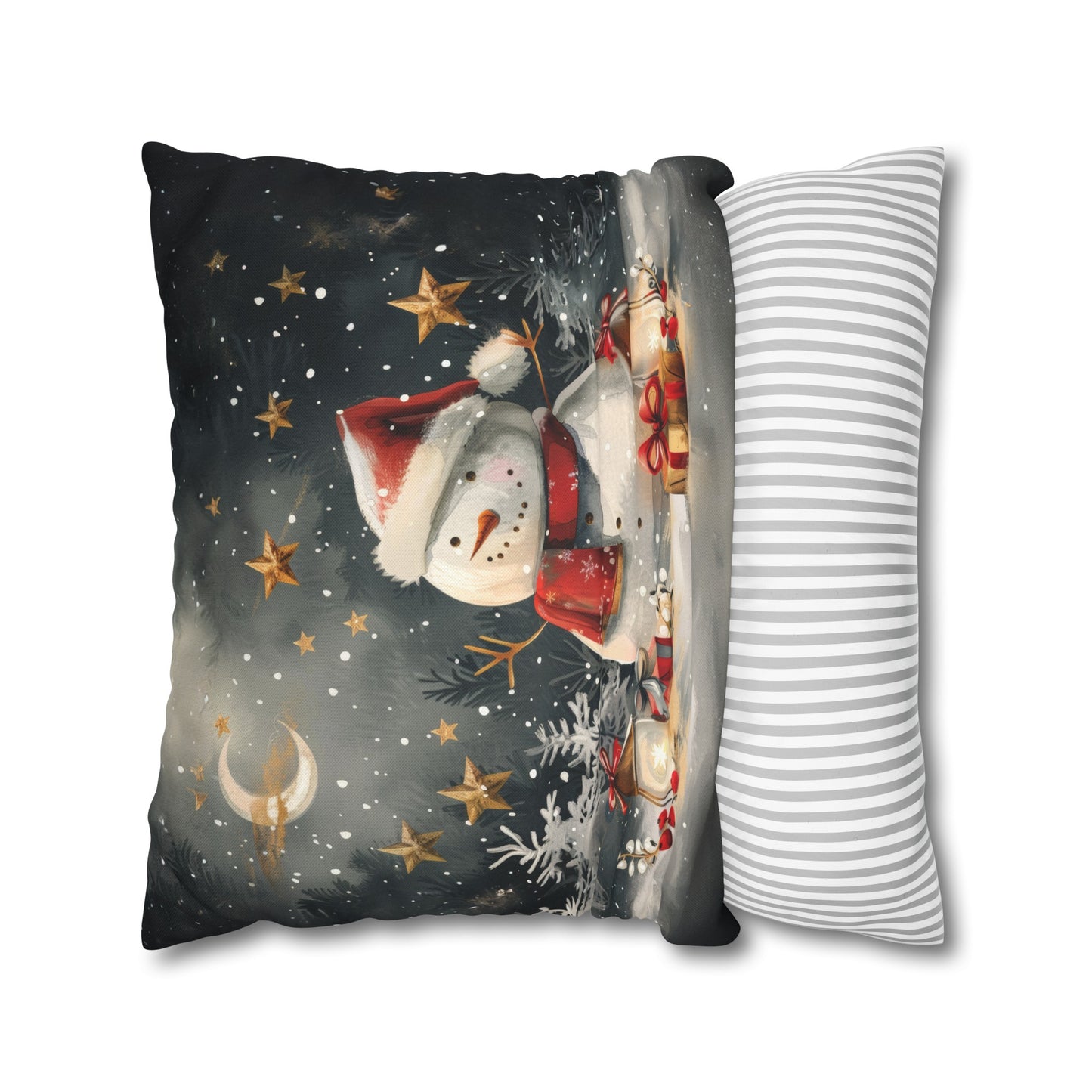 Snowman Beneath a Canopy of Stars, Surrounded by Presents Spun Polyester Square Pillowcase 4 Sizes