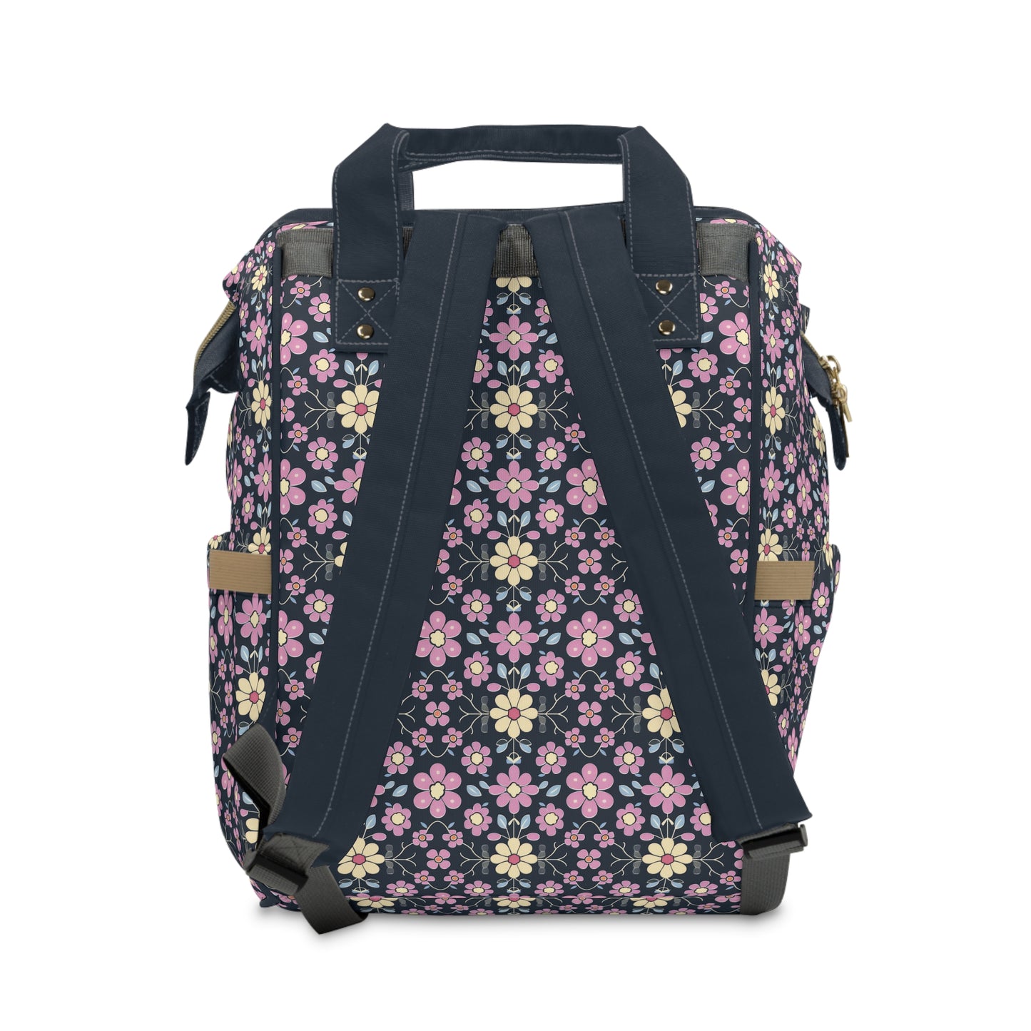 Charming Pastel Pink and Yellow Flowers on Navy Blue Background Multifunctional Diaper Backpack