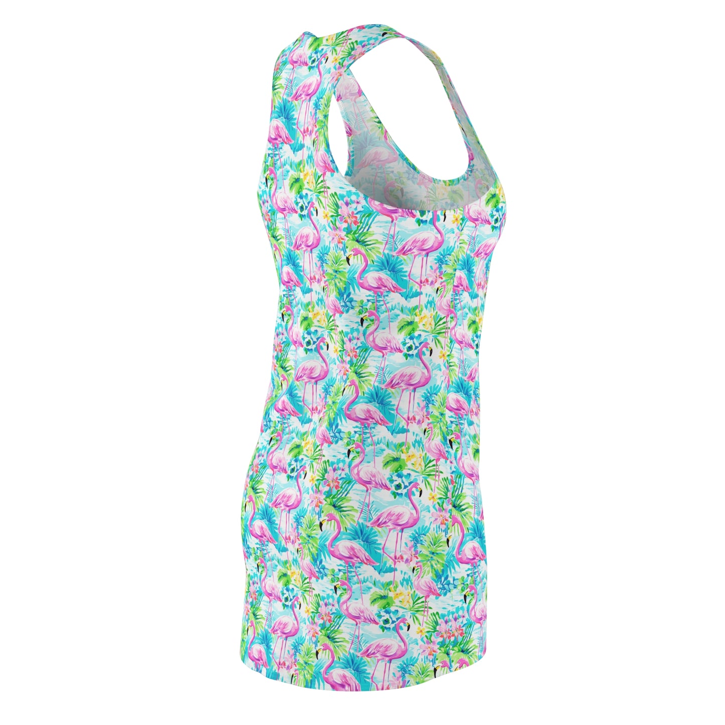 Tropical Flamingo Haven: Surrounded by Flowers and Palm Trees Women's Racerback Dress XS - 2XL