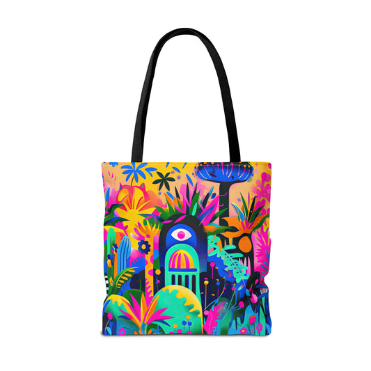 Neon Tropics: Abstract Art Depicting a Tropical Jungle in Vivid Neon Colors Canvas Tote Bag - 3 Sizes