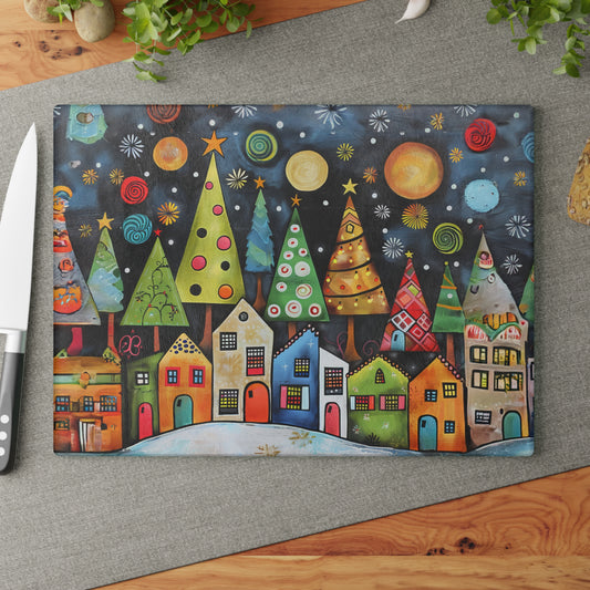 Holiday Haven: Abstract Folk Art Christmas Village Adorned with Christmas Trees Scene Glass Cutting Board 2 Sizes