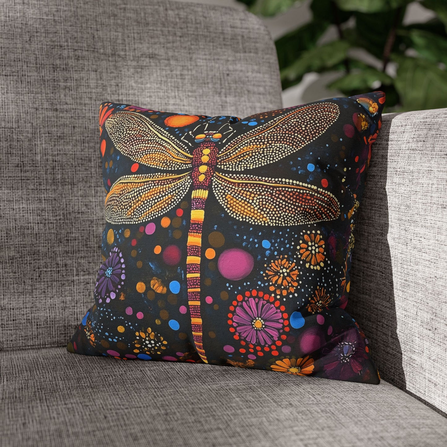 Vibrant Dragonfly Amidst a Kaleidoscope of Dot-Painted Blooms Spun Polyester Square Pillowcase 4 Sizes