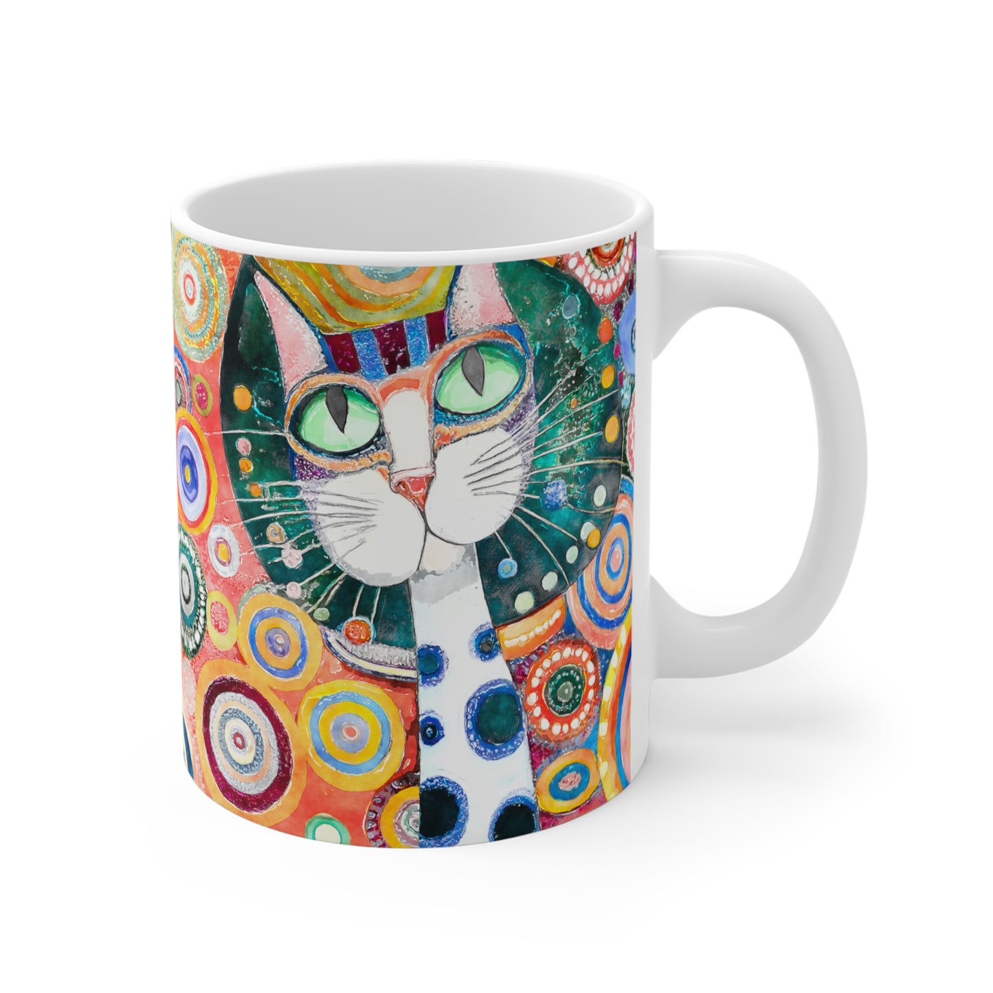 Whimsical Retro Flowers and Green Eyed Cat in Style of Klimt  - 11 oz Coffee