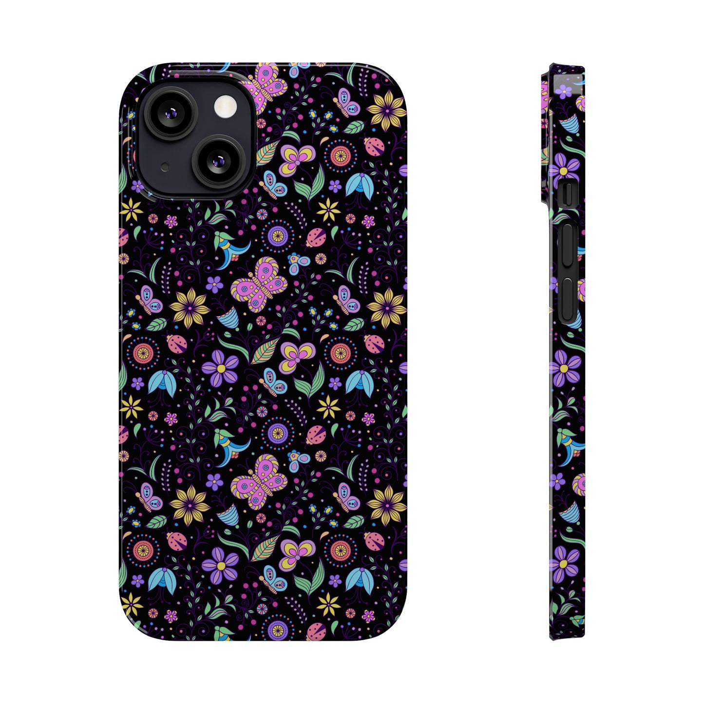 Butterflies and Flowers Black Background Iphone 15-12 Slim Phone Case