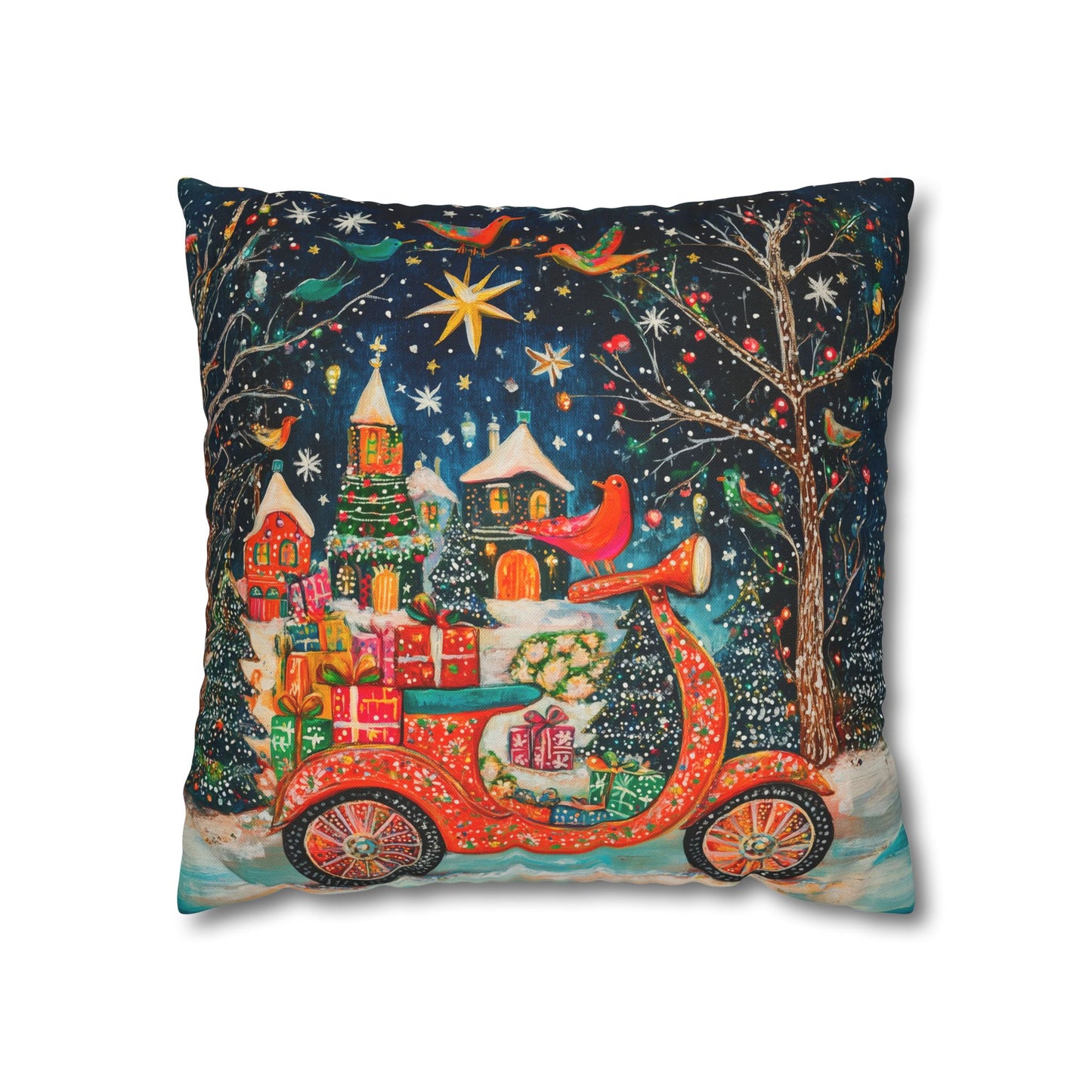 Yuletide Express Festive Scooter Filled with Gifts Spun Polyester Square Pillowcase 4 Sizes