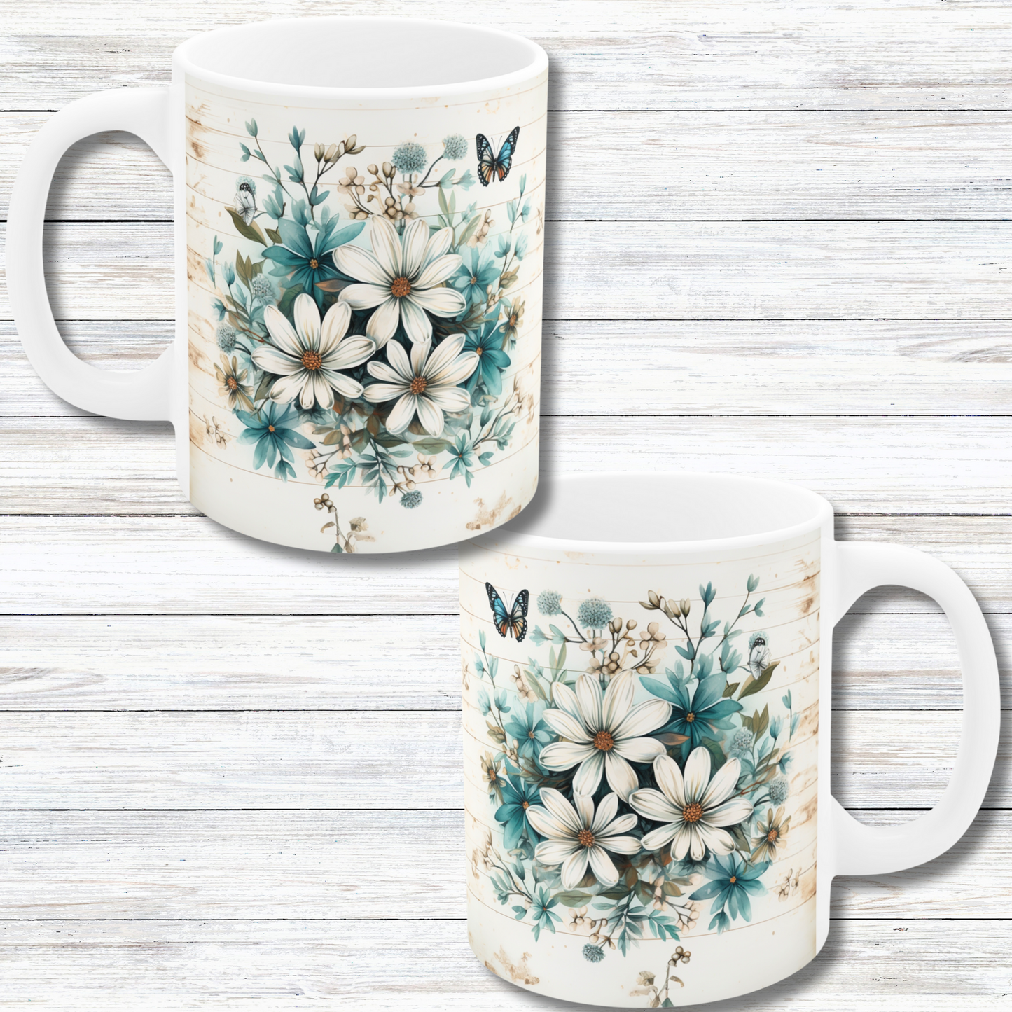 Rustic Farmhouse Daisy and Butterfly Design  - 11 oz Coffee