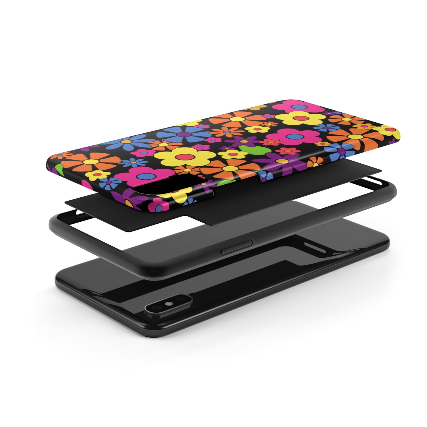 Flower Power Design on Black Background Iphone Tough Phone Case